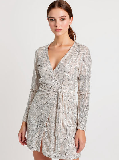 Sequin Tie-Waist Wrap Dress, view 2