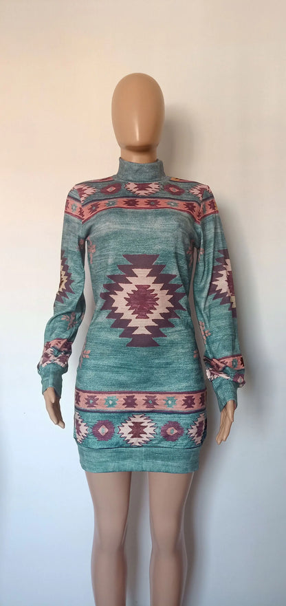 Bohemian Print Mini Dress with Long Sleeves and Slim Fit for Autumn