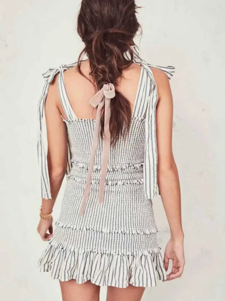 Striped Sleeveless Summer Dress with Bow-Tied Shoulders and Elastic Waist