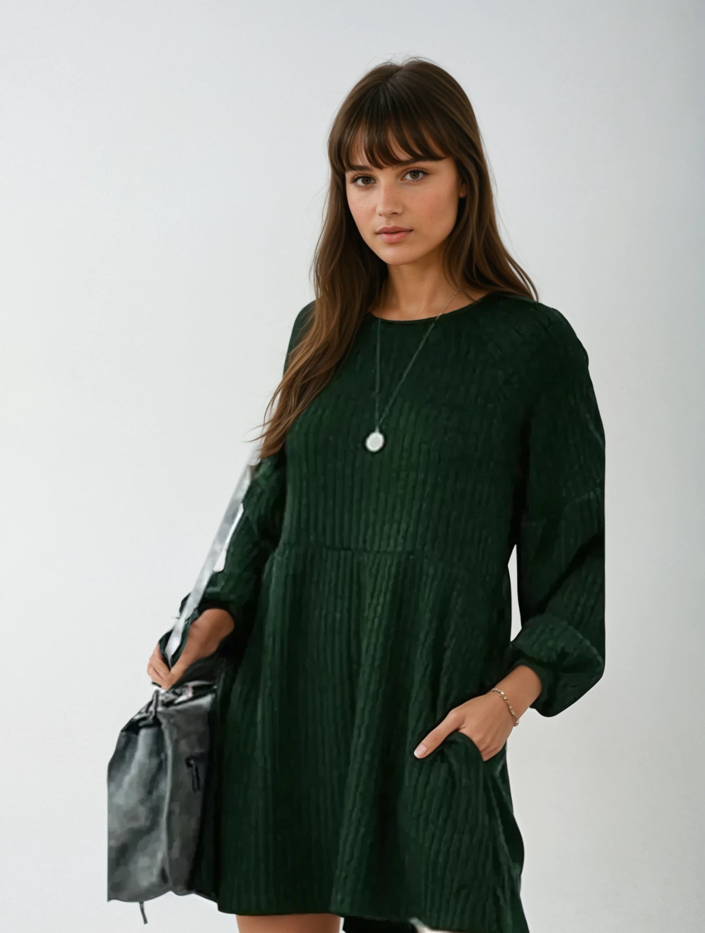 Cozy Long Sleeve Cotton Knit Dress with Flattering A-Line Silhouette