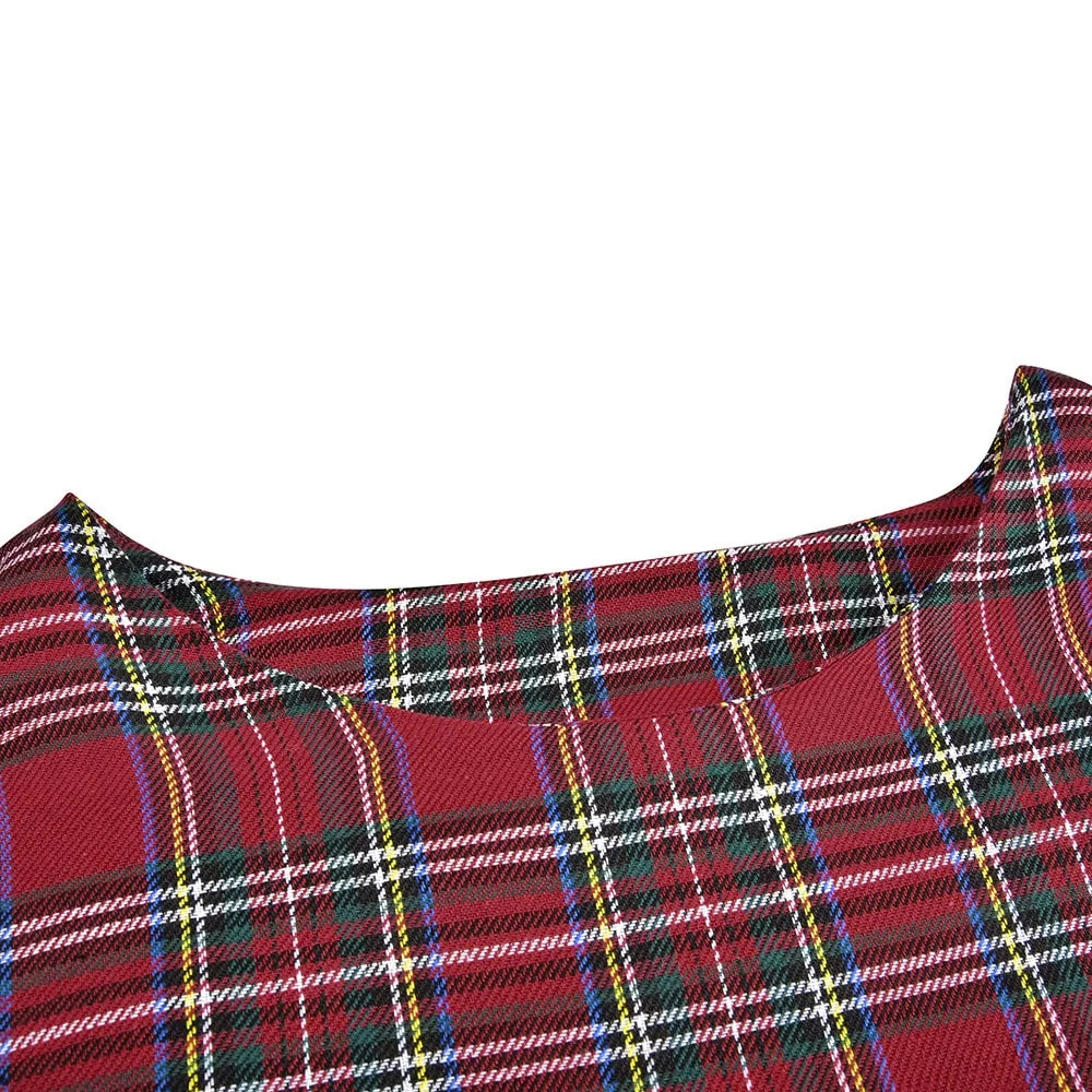 Festive Red Plaid Christmas Dress with Ruffle Details and Warm Fabric