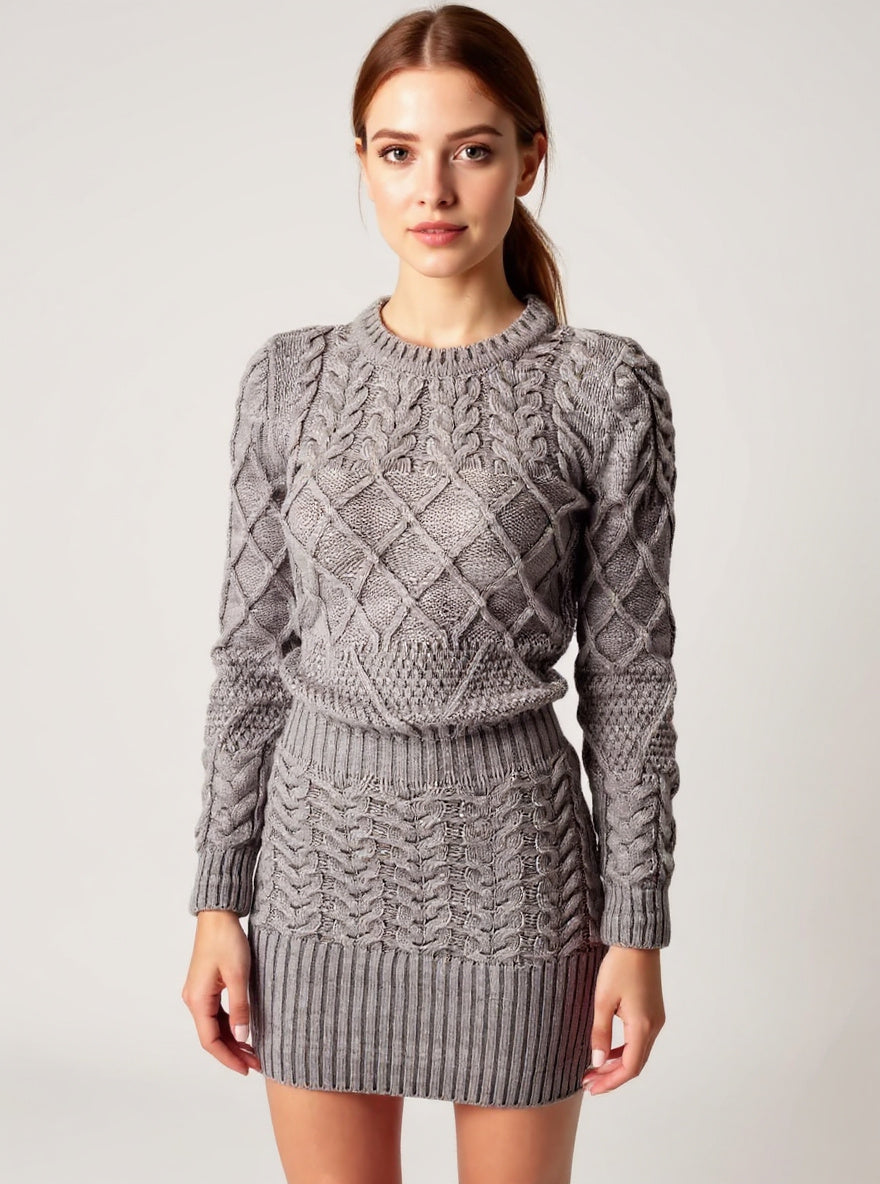 Cable Knit Puff-Sleeve Dress