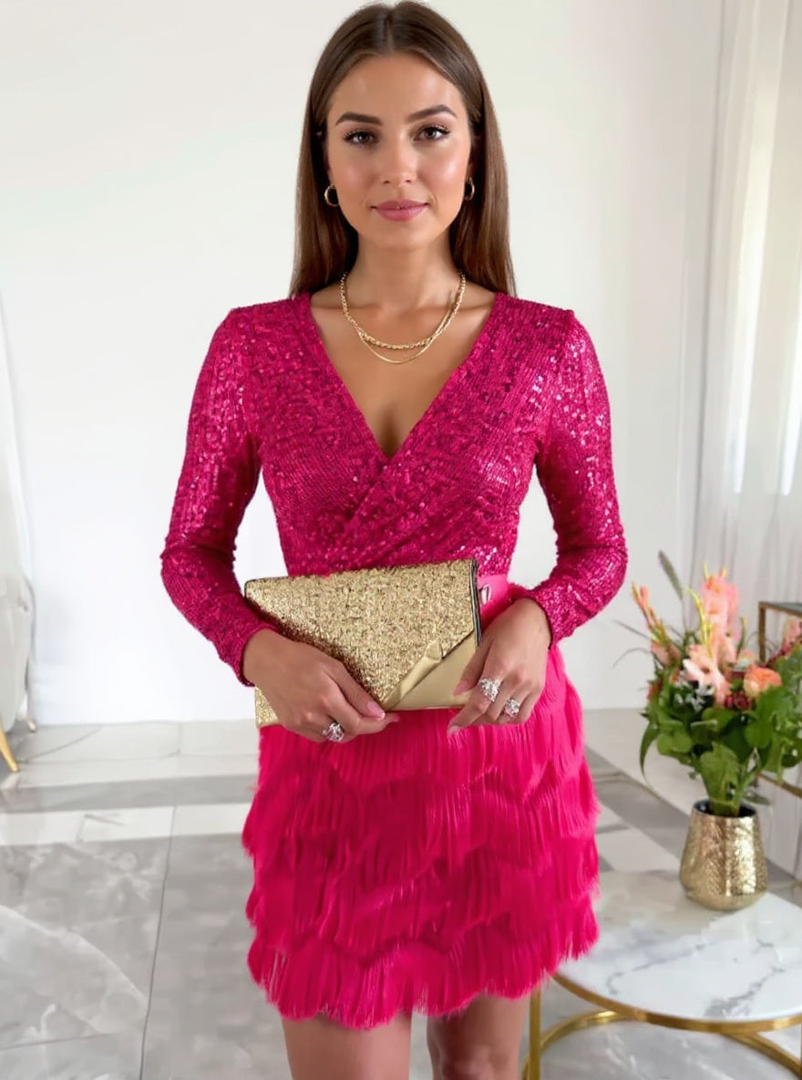 Sequin Feather-Hem Party Dress, view 3