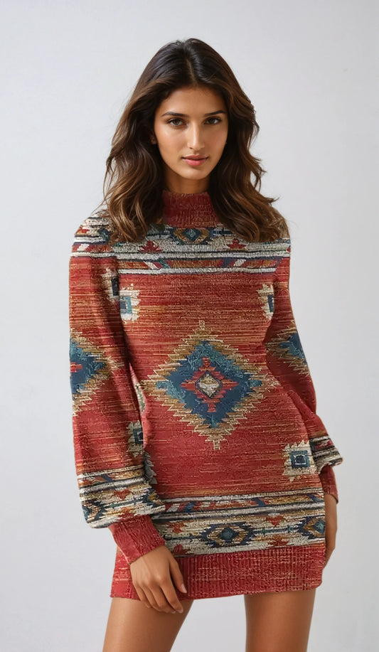 Bohemian Print Mini Dress with Long Sleeves and Slim Fit for Autumn