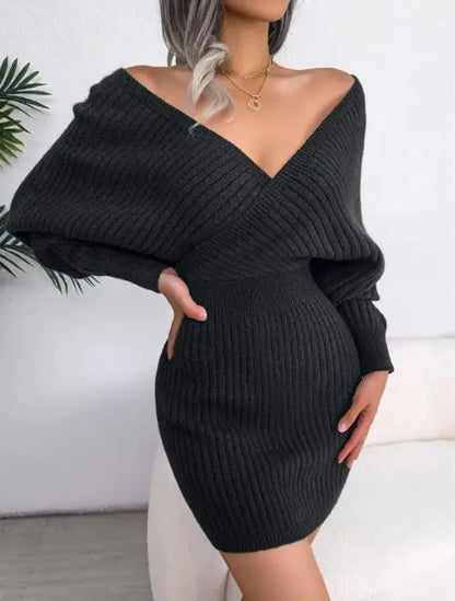 Elegant Cross V-Neck Sheath Dress with Figure-Hugging Fit for Fall/Winter