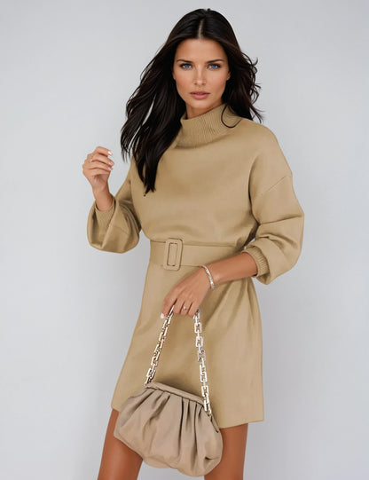 Chic Turtleneck Sweater Dress with Adjustable Belt and Cozy Knit Fabric