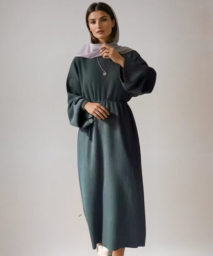 Casual Knit Dress with Lace-Up Front and Long Sleeves