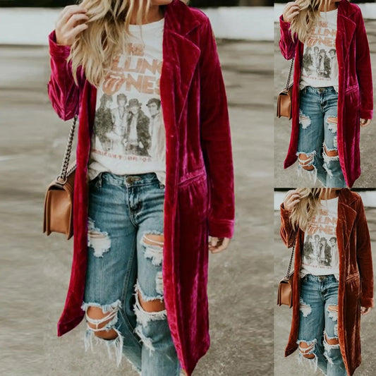 Luxurious Velvet Midi Jacket with Functional Pockets and Sleek Design