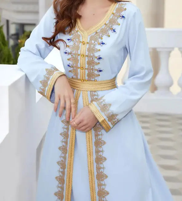 Luxurious Beaded Kaftan Dress with Intricate Embroidery and Flowing Silhouette