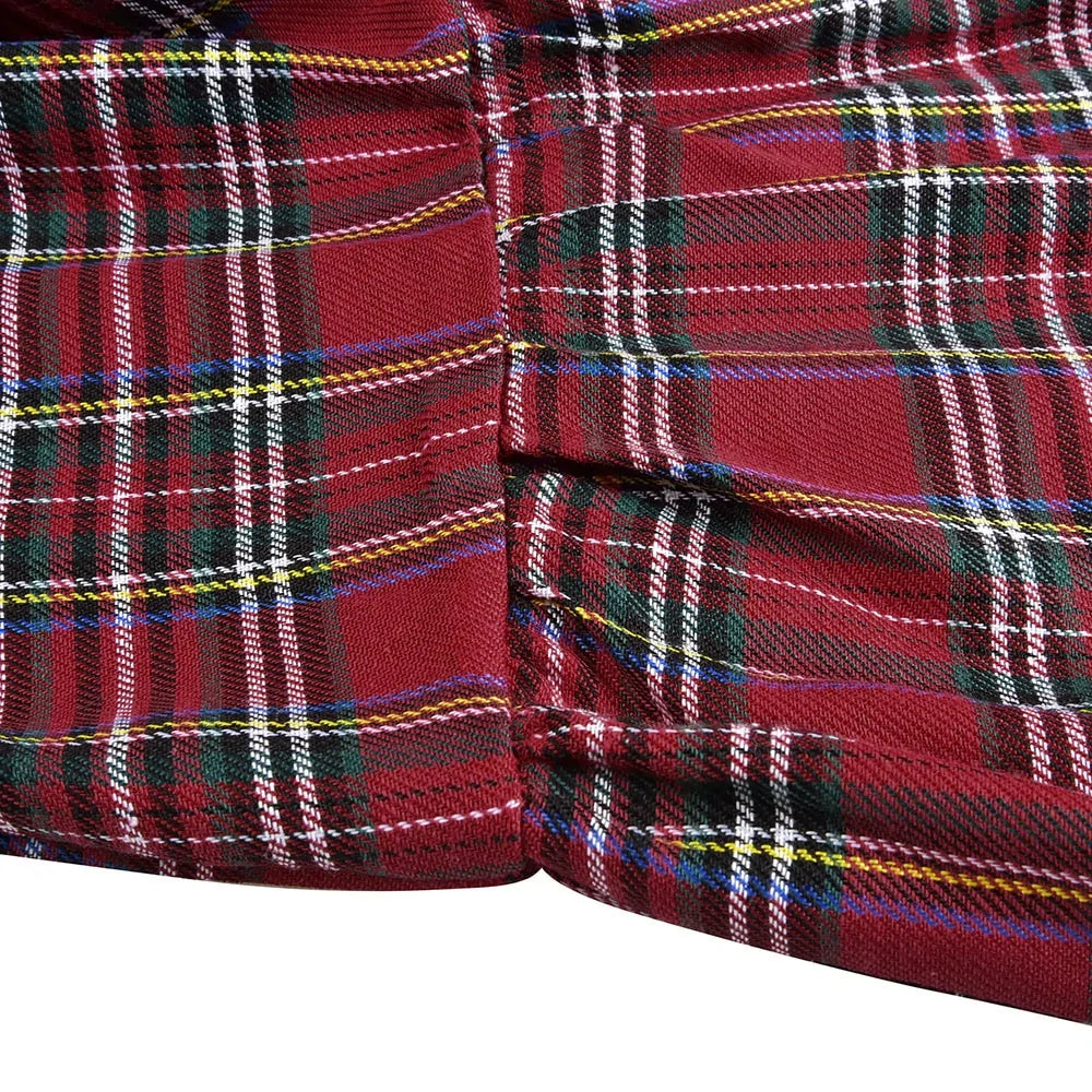 Festive Red Plaid Christmas Dress with Ruffle Details and Warm Fabric