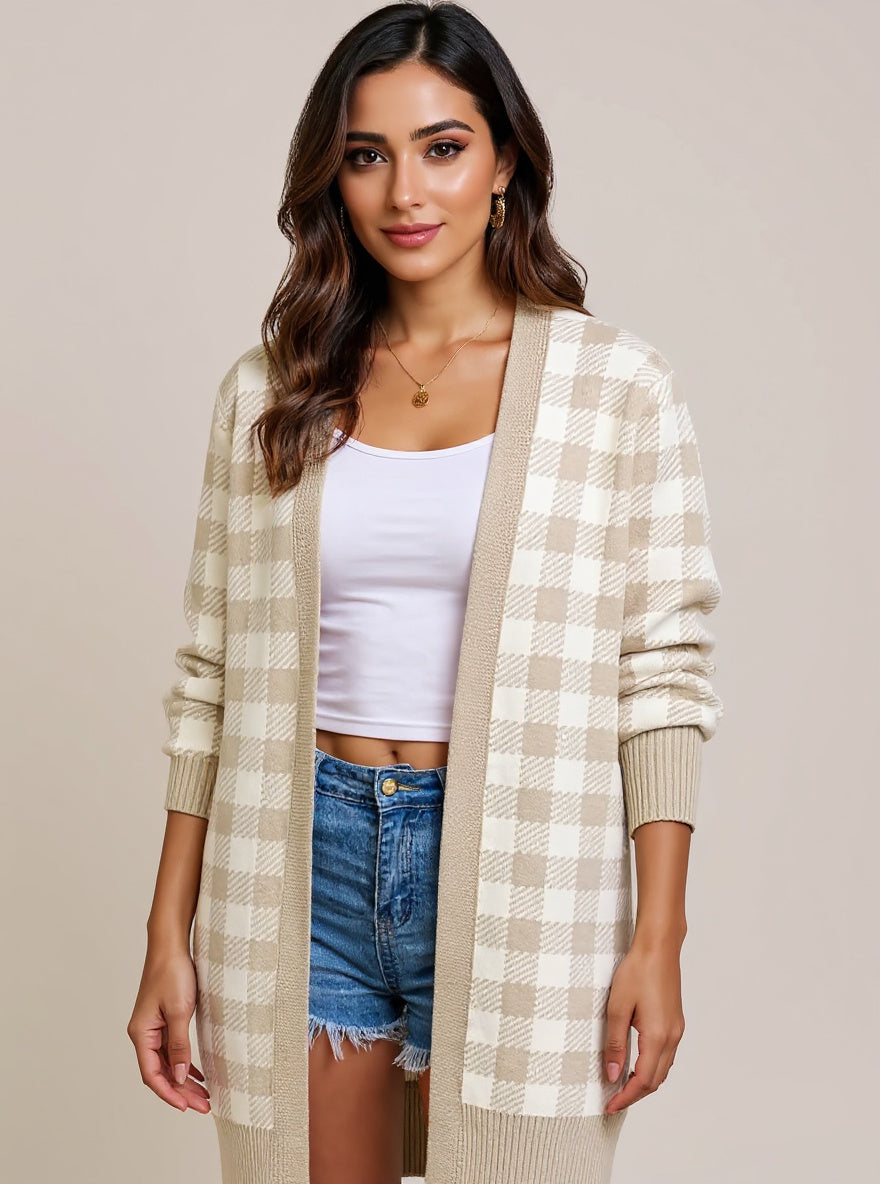 Plaid Open-Front Longline Cardigan, view 3