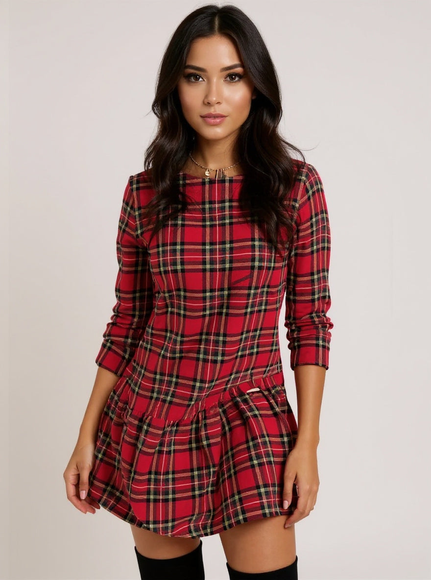 Red Plaid Ruffle Dress, view 3