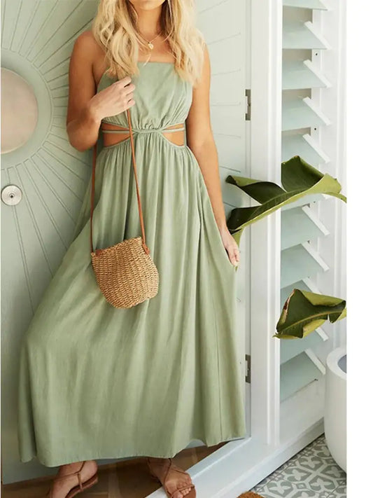 Lightweight Cotton and Linen Dress with Lace-up Waist and Sleek Collar